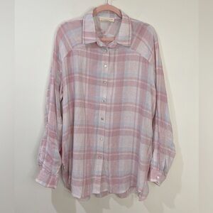 Lovestitch Linen Shirt Tunic Button Down Plaid Pastel Blue Pink Women's Large